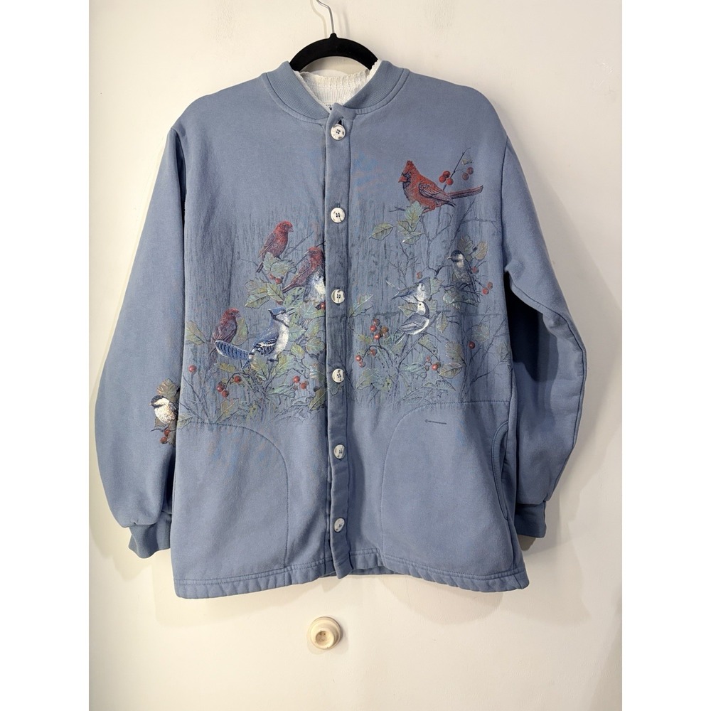 Vintage Irwin Bird Print Sweatshirt Jacket Blue Cardinals Large USA Cottagecore